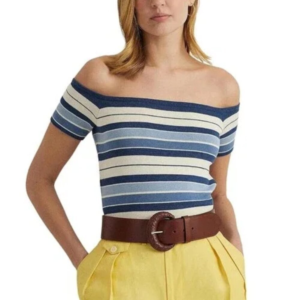 NWT Lauren Ralph Lauren Women's Striped Off the Shoulder Sweater Top Pullover XL